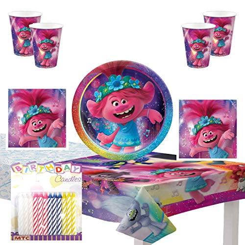 Dinner Plates Luncheon Napkins Cups and Table Cover with Birthday Candles Bundle for 16 Trolls World Tour Party Supplies Pack Serves 16